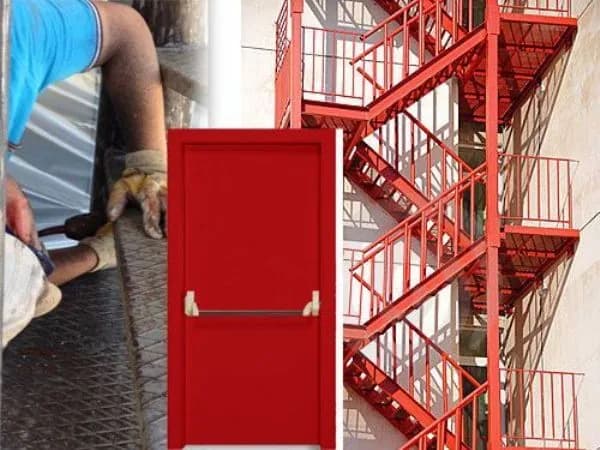 Boyanıp montajı yapılan kırmızı yangın kapısı ve yangın merdiveni